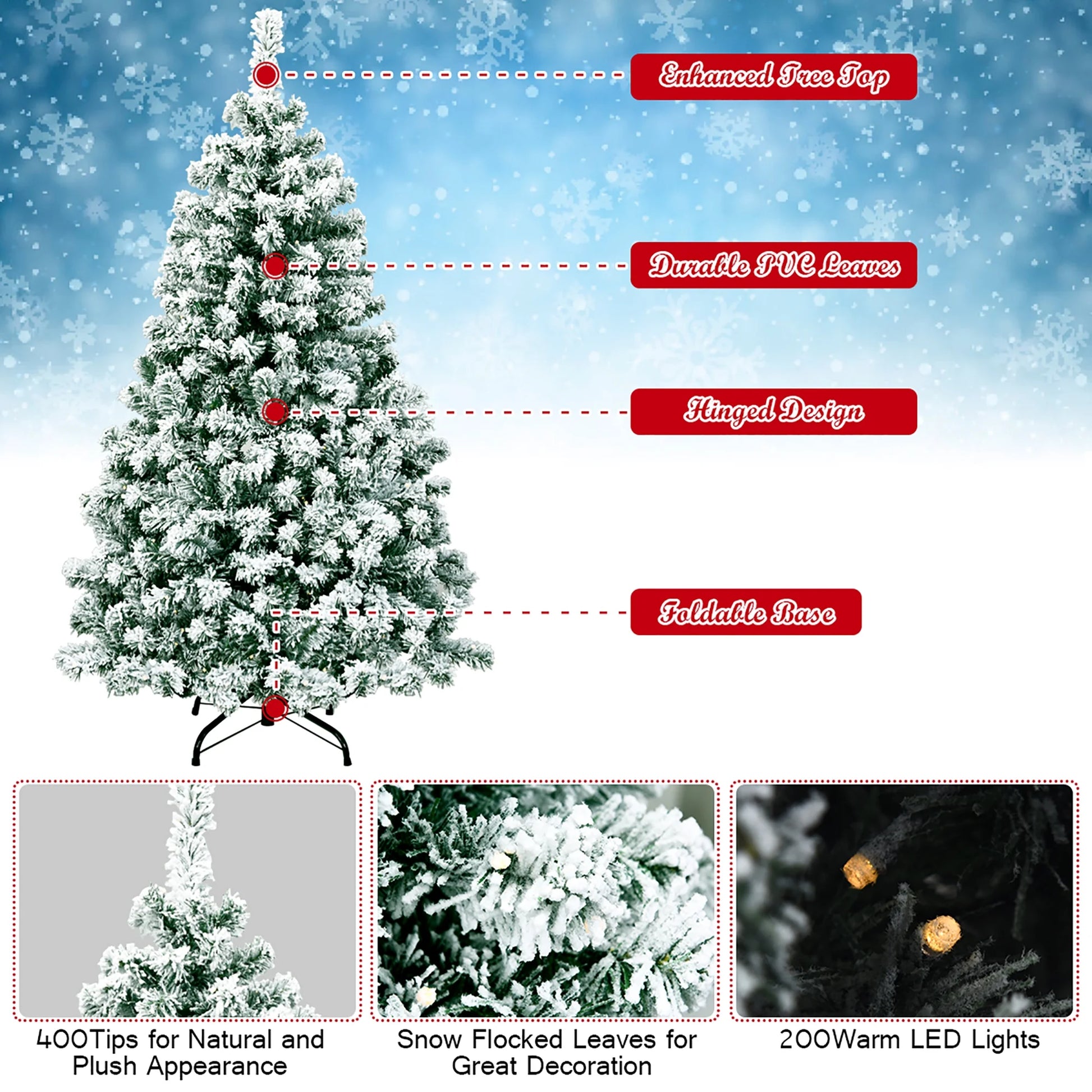 4.5Ft Pre-Lit Premium Snow Flocked Hinged Artificial Christmas Tree W/200 Lights